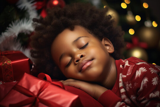 Adorable small child sleeping under Christmas evergreen tree waiting Santa coming Generative AI technology picture