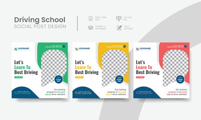 Driving school social media post for marketing web banner ads. Editable vehicle driving school suitable social layout template for advertising square online flyer. Vol - 24