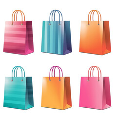 Group of colorful empty shopping bags on transparent background.