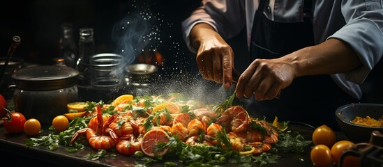 Chef cooking with Tiger prawn - obrazy, fototapety, plakaty