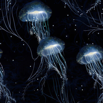 Jellyfish cartoon repeat pattern, underwater sea life background
