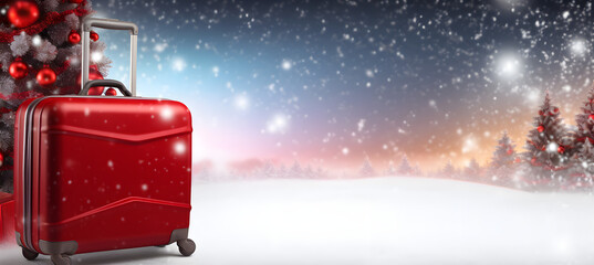 banner of Red suitcase on christmas background in airport , concept of Christmas holiday - obrazy, fototapety, plakaty