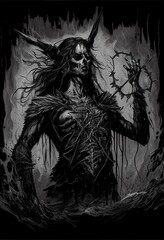 AI generated illustration of a spooky fantasy Lord monster in greyscale
