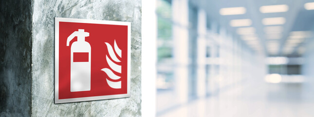 Fire estinguisher sign on an industrial style wall. Close up of a sign in the building corridor. Selective focus image. Emergency sign. - obrazy, fototapety, plakaty