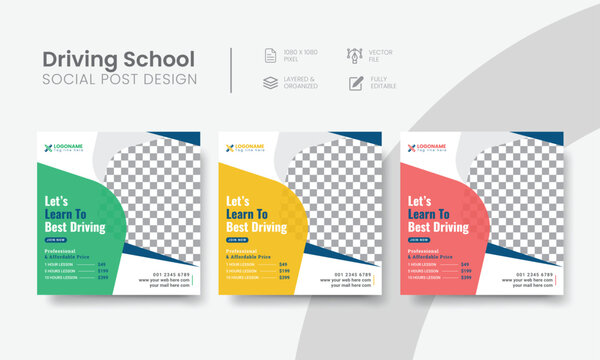 Driving school social media post for marketing web banner ads. Editable vehicle driving school suitable social layout template for advertising square online flyer. Vol - 26