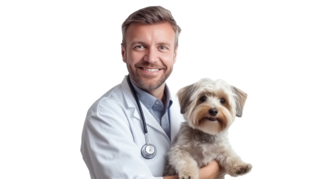 Doctor with dog for pet health checkup ontransparent background.