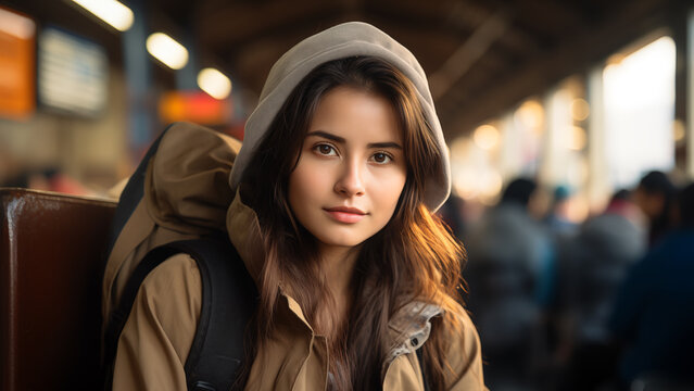 Young Asian woman wearing a hooded coat and a backpack, suggesting she's on a journey. She's seated at a train station