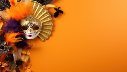 royal venetian carnival mask decorated with feather and flowers  on solid orange color background with copy space 