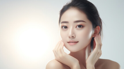 Asian Chinese woman smiling. Smooth healthy face skin. Skincare commercial portrait. Asian woman touch face well lit room. Generation AI