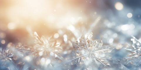 Abstract Magic Winter Snowflake. Landscape Background with Snow, Snowflakes  and Gold, Bokeh Lights - Banner, Panorama, Glamour. Glistering Blue and Gold colour. 