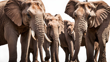 group of elephants walking together with white background