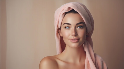 Fototapeta premium Attractive woman face in towel on white flat background