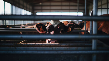 intérieur d'une étable pour l'élevage de vaches laitière dans une ferme bovine - obrazy, fototapety, plakaty