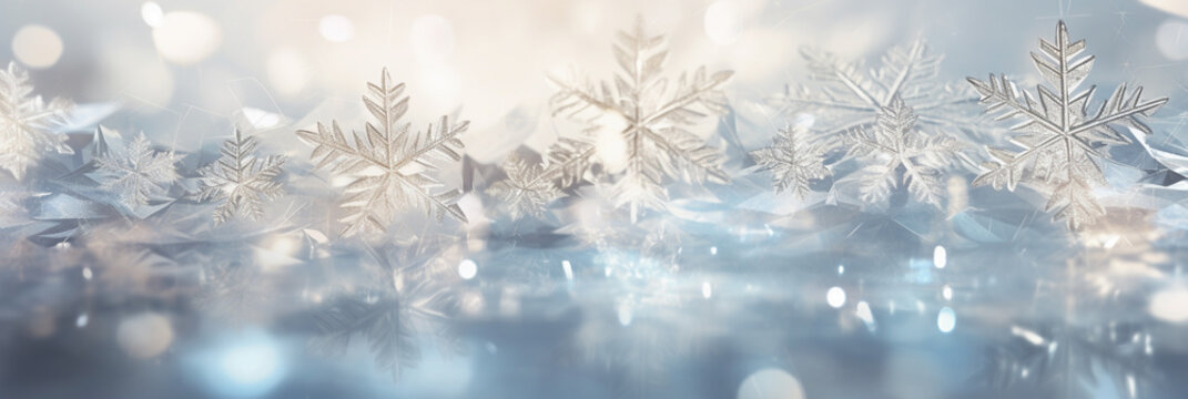 Abstract Magic Winter Snowflake. Landscape Background with Snow, Snowflakes  and Gold, Bokeh Lights - Banner, Panorama, Glamour. Glistering Blue and Gold colour. 