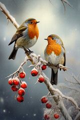 Abstract Magic Whimsical Winter Landscape with Snow, Rouge-gorge, Robins, and Red Berries  - Banner, Panorama, Cute Pair in Snowing Daylight.