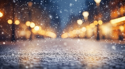 Beautiful blurred street of festive night or evening city with snowfall and Christmas lights. Abstract christmas defocused background. - obrazy, fototapety, plakaty