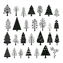 Obraz premium Black doodle Christmas trees symbols clip art on white background