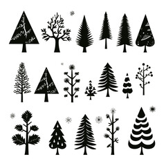 Obraz premium Black doodle Christmas trees symbols clip art on white background