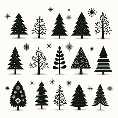 Black doodle Christmas trees symbols clip art on white background