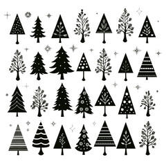 Black doodle Christmas trees symbols clip art on white background