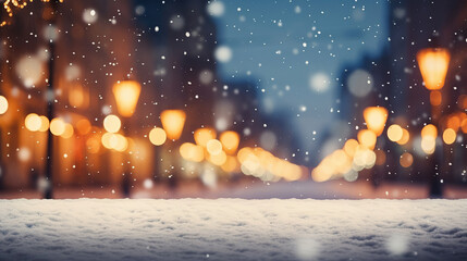 Obraz premium Beautiful blurred street of festive night or evening city with snowfall and Christmas lights. Abstract christmas defocused background.