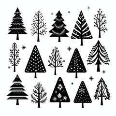 Obraz premium Black doodle Christmas trees symbols clip art on white background