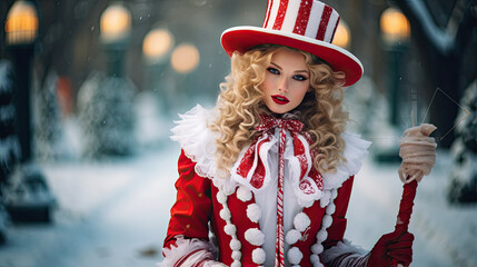 Beautiful Fashionable Happy Christmas Woman in a magical Christmas and winter scenery