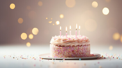 Birthday cake covered in sprinkles on a white table, minimalism style with glowing bokeh. 
