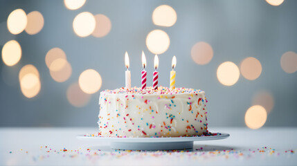 Birthday cake covered in sprinkles on a white table, minimalism style with glowing bokeh. 