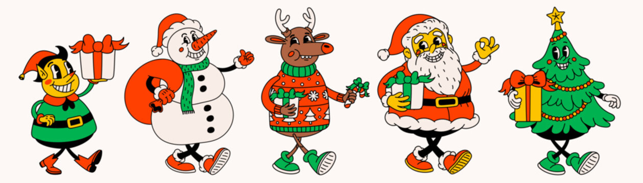 Retro style Christmas cartoon characters. Groovy vintage 70s funny Santa Claus, Elf, snowman, deer and christmas-tree with happy faces and gifts.