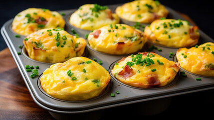 Breakfast egg muffins or egg bites with bacon and cheddar. - obrazy, fototapety, plakaty