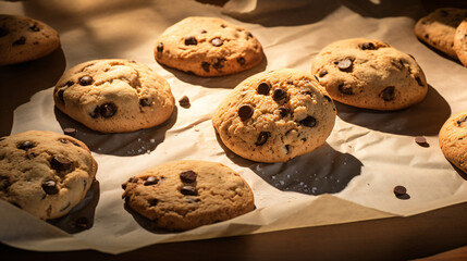 Chocolate chip cookies freshly baked on parchment paper right from oven. well lit room