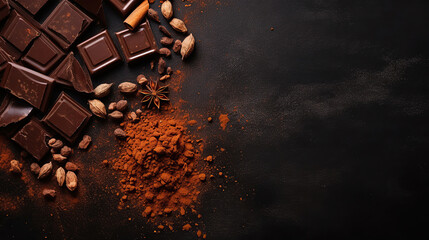 Chocolate background with chocolate bars, chips and cocoa powder, overhead. - obrazy, fototapety, plakaty