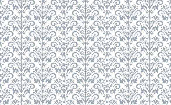 Wallpaper in the style of Baroque. Seamless vector background. White and gray floral ornament. Graphic pattern for fabric, wallpaper, packaging. Ornate Damask flower ornament.