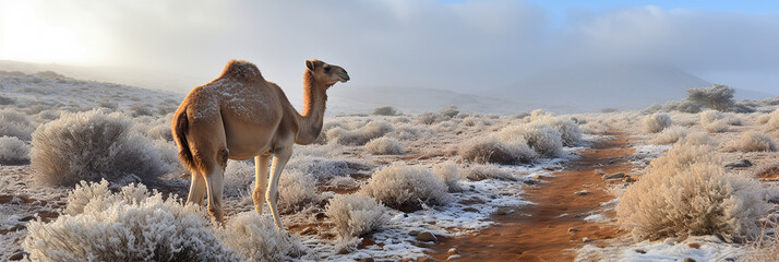 first snow at desert with a camel. - obrazy, fototapety, plakaty