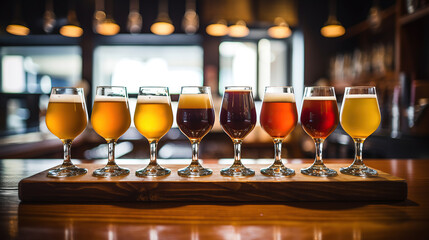 Flight of beer for tasting on a bar counter with a blurred background. - obrazy, fototapety, plakaty