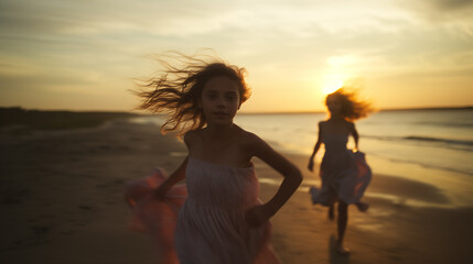 candid moments of sisters or friends on the beach sunset