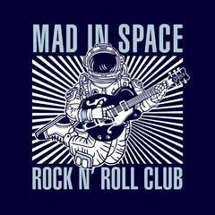 Astronaut Playing Electric Guitar in Space Hand Drawing Vector Illustration Mad in Space Rock and Roll Club Design
