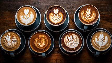 Multiple coffee lattes in mugs with latte art overhead view on a wooden table.