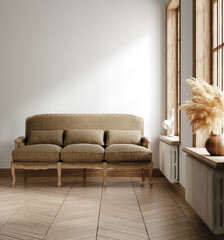 Home mockup, minimalist room interior with retro furniture, 3d render