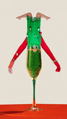 Poster. Contemporary art collage. Modern creative artwork. Woman dressed like Christmas tree inside glass of champagne.