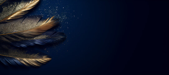 Background of Abstract Glitter Lights. and Feather. Blue, Gold and Purple. De Focused Feathers. Quill or Plume. Luxurious Premium Seamless Banner Tile. - obrazy, fototapety, plakaty