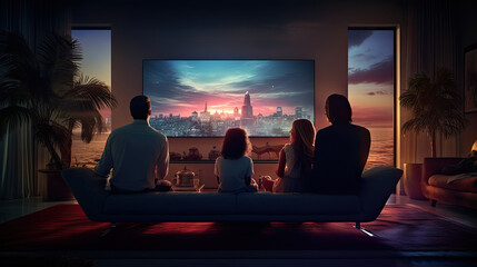 Family Movie Night: Enjoying Leisure Time Together in Front of a Flat Screen TV - obrazy, fototapety, plakaty