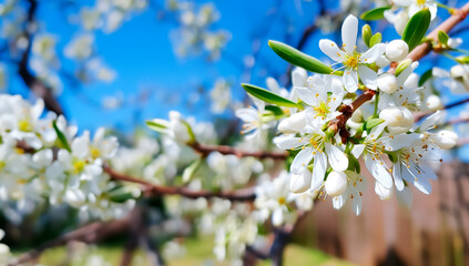 Close up of an Olive tree in bloom with white flowers. Shallow field of view.