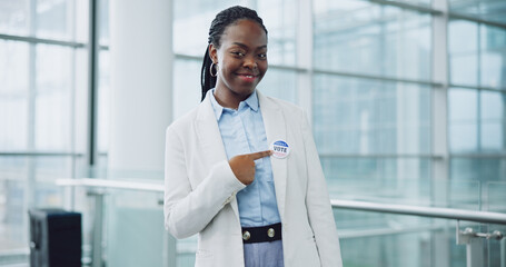 Woman, portrait and badge for vote, smile and confidence or button, proud and choice in politics. Black person, happy and support for elections, democracy and party in registration for human rights