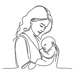 Happy Mother's Day card. Woman holding baby in one line style. Vector illustration