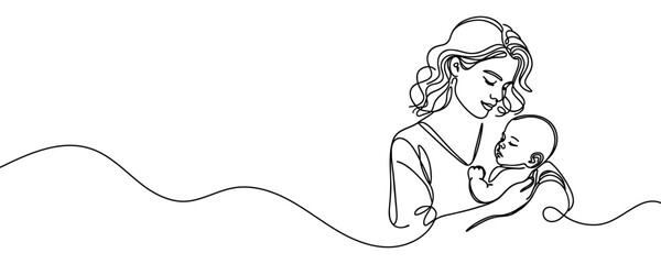 Happy Mother's Day card. Woman holding baby in one line style. Vector illustration