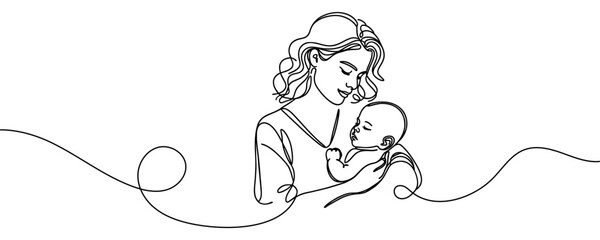 Happy Mother's Day card. Woman holding baby in one line style. Vector illustration - obrazy, fototapety, plakaty