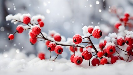Fototapeta na wymiar red berries in snow winter, berry, red, snow, nature, tree, berries, branch, cold, plant, frost, fruit, autumn, rowan, 
