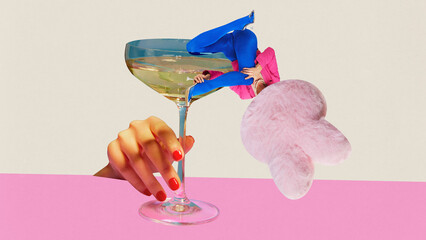 Poster. Contemporary art collage. Hand reaches for cocktail with strange girl in cocktail glass...